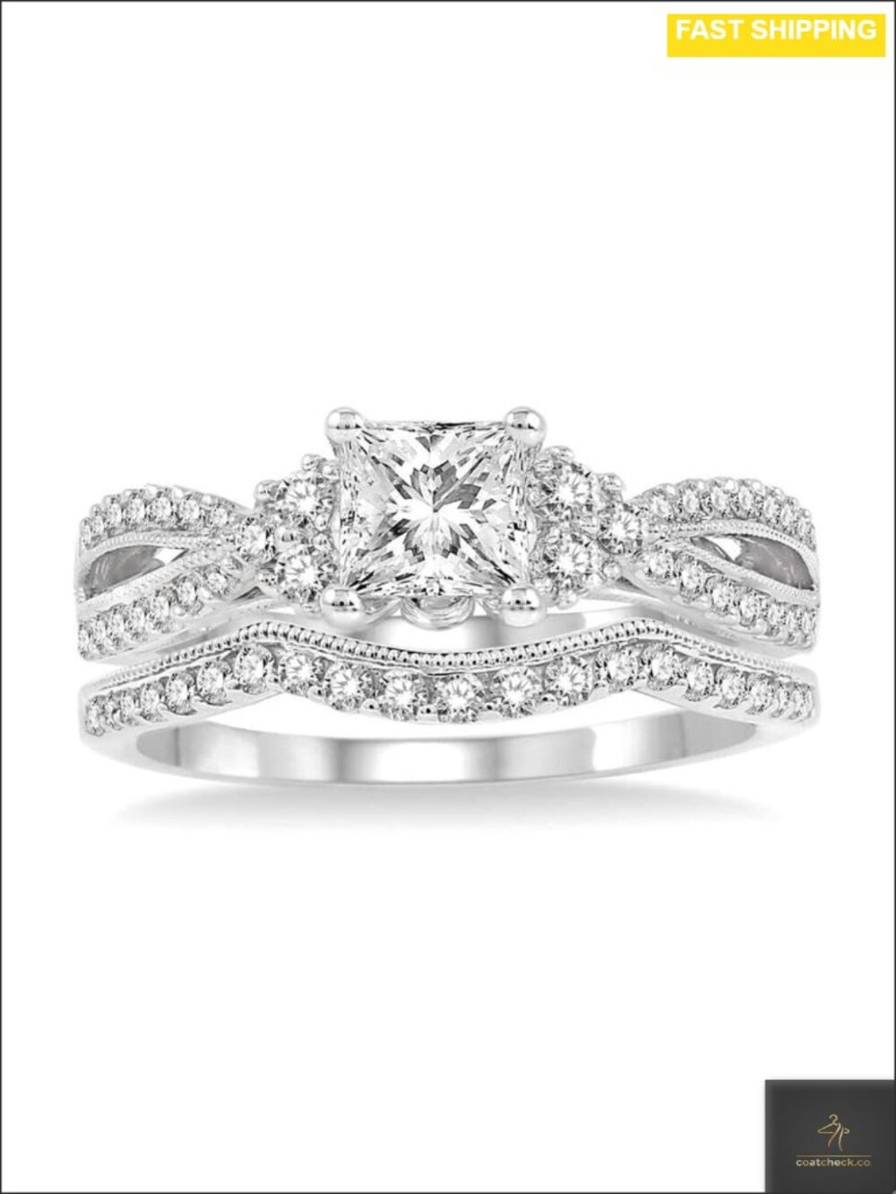 1.5 Ct Princess Moissanite Bridal Set Platinum Plated Silver Rings